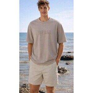 Urban High Quality Lettering T Shirt Size M Crew Neck Tan Cotton Blend